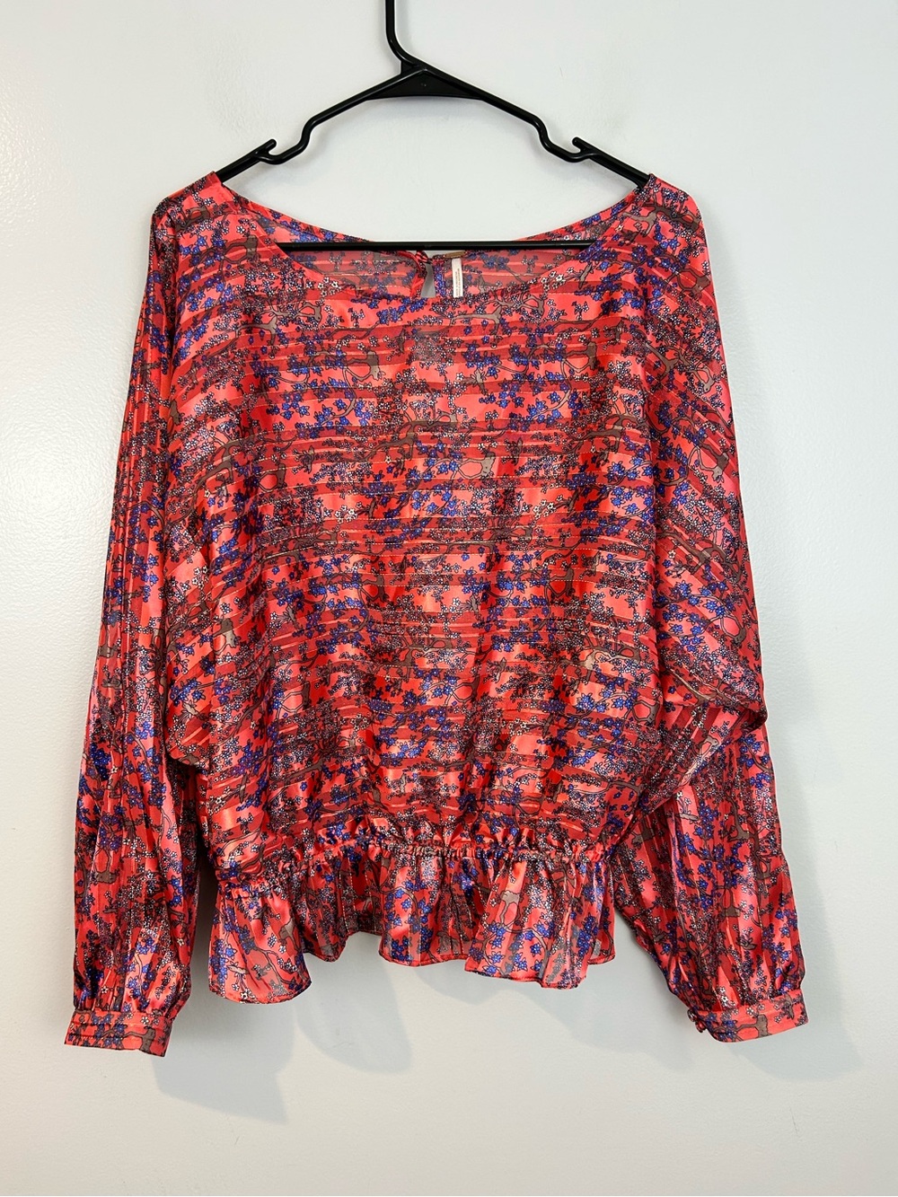 Free People Pink/Blue Metallic Smocked Floral Dolman Sleeve Peplum Top Large